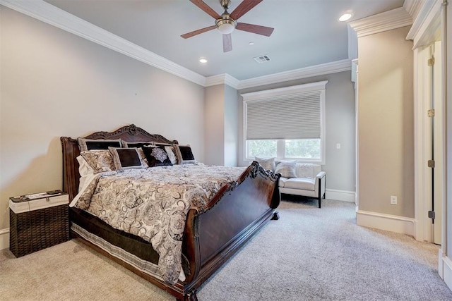 bedroom featuring ceiling fan, crown molding, and light carpet