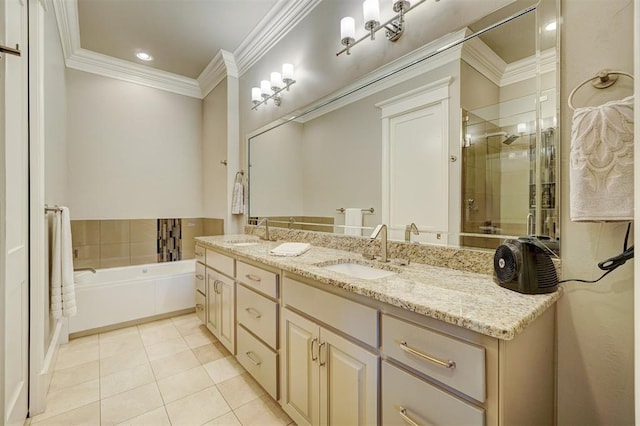 bathroom featuring tile patterned flooring, vanity, crown molding, and independent shower and bath