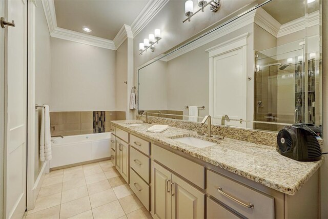 bathroom featuring tile patterned flooring, vanity, ornamental molding, and independent shower and bath