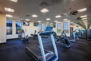 workout area featuring ceiling fan and a drop ceiling