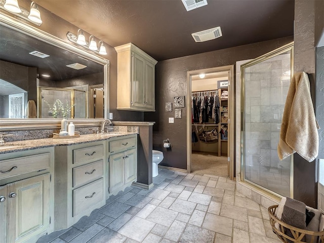 bathroom with vanity, toilet, and walk in shower