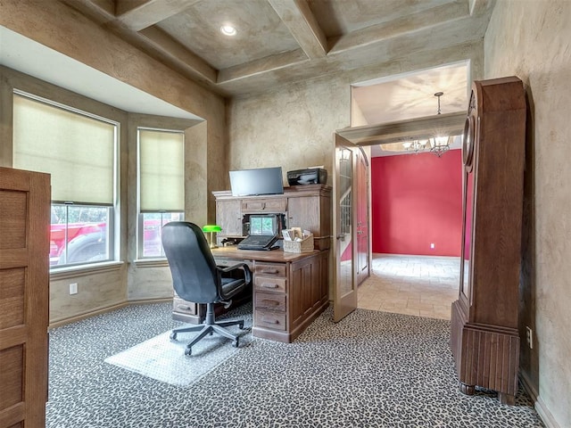 office area featuring beamed ceiling, an inviting chandelier, and coffered ceiling