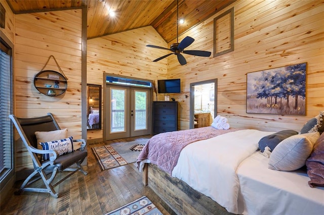 bedroom featuring ceiling fan, french doors, wooden ceiling, high vaulted ceiling, and hardwood / wood-style floors