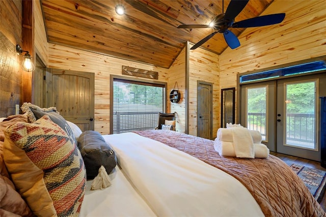 bedroom with wood walls, access to outside, french doors, ceiling fan, and wood ceiling