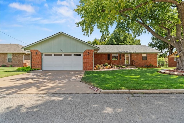 ranch-style house with a garage and a front lawn