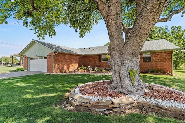 ranch-style house with a front lawn and a garage