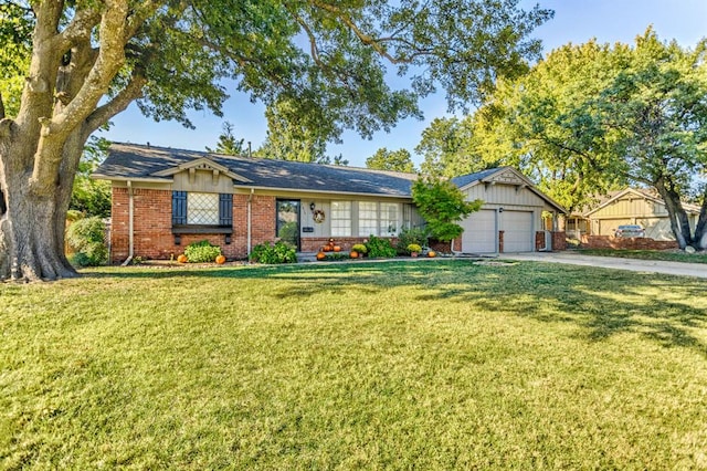 ranch-style home featuring a garage and a front lawn