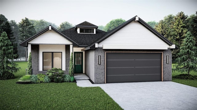 view of front of home with a garage and a front lawn