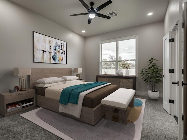 bedroom with ceiling fan and carpet