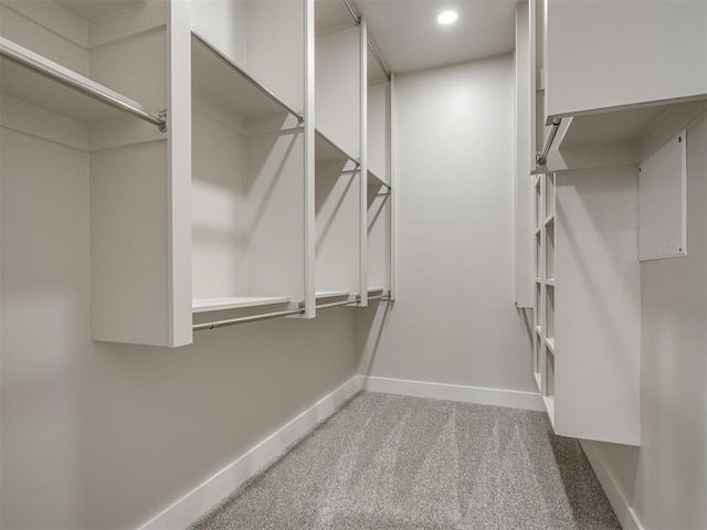 walk in closet featuring light carpet