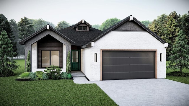 view of front of property featuring a front lawn and a garage