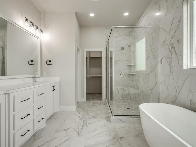 bathroom with independent shower and bath and vanity