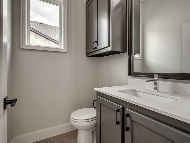 bathroom with vanity, wood-type flooring, and toilet