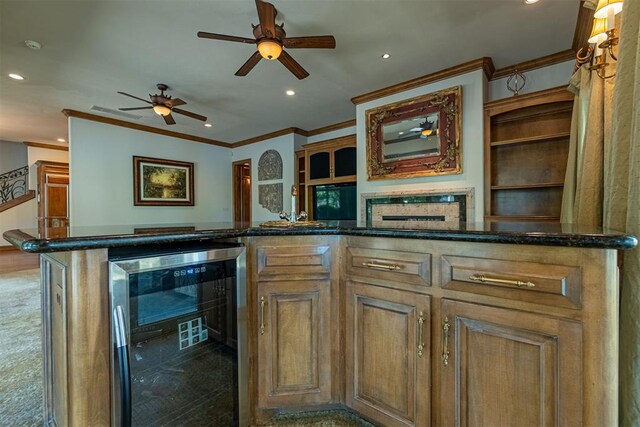 12308 Bywater Rd, Oklahoma City, OK 73170 - kitchen featuring wine cooler, recessed lighting, ornamental molding, a ceiling fan, and open shelves