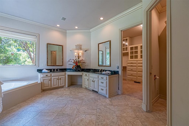 bathroom featuring vanity, ornamental molding, and a washtub