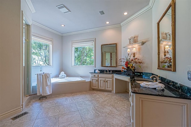 12308 Bywater Rd, Oklahoma City, OK 73170 - full bathroom with ornamental molding, a bath, vanity, a stall shower, and recessed lighting