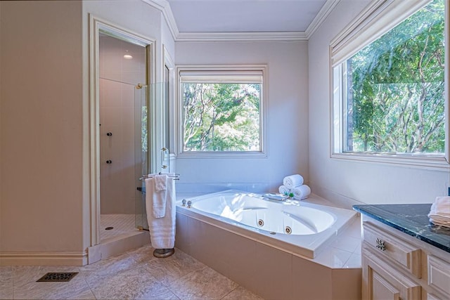 12308 Bywater Rd, Oklahoma City, OK 73170 - full bathroom with healthy amount of natural light, a shower stall, a tub with jets, vanity, and crown molding