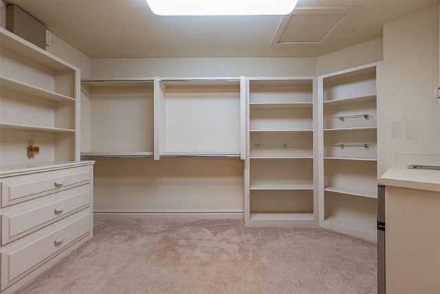 walk in closet featuring light carpet