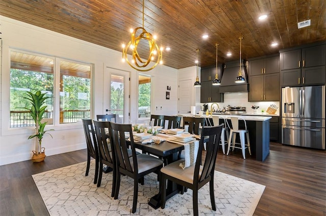 dining space with a chandelier, dark hardwood / wood-style flooring, and wooden ceiling