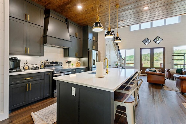 kitchen featuring wooden ceiling, dark hardwood / wood-style flooring, an island with sink, custom exhaust hood, and appliances with stainless steel finishes