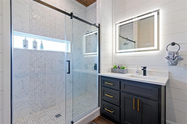 bathroom featuring vanity and walk in shower