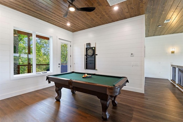 recreation room with ceiling fan, dark hardwood / wood-style floors, wood ceiling, and pool table