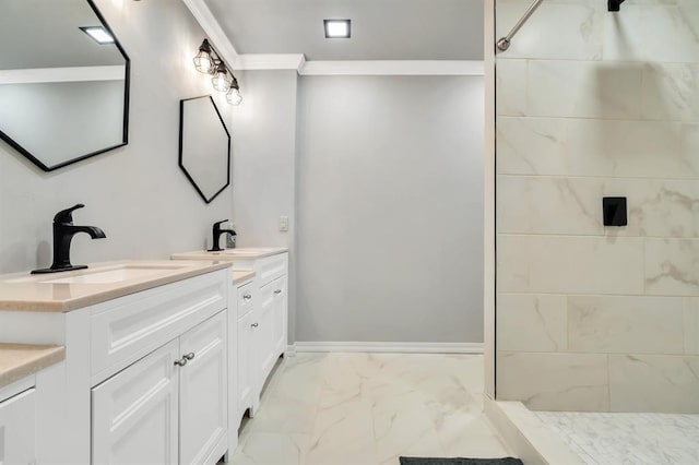 1405 Rosehaven Dr, Altus, OK 73521 - bathroom featuring marble finish flooring, two vanities, crown molding, and tiled shower