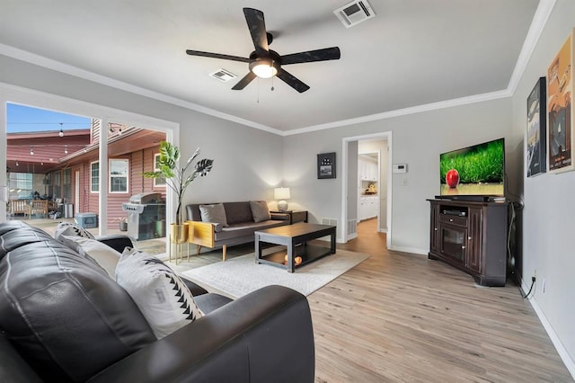 1405 Rosehaven Dr, Altus, OK 73521 - living room featuring a ceiling fan, light wood-style flooring, and crown molding