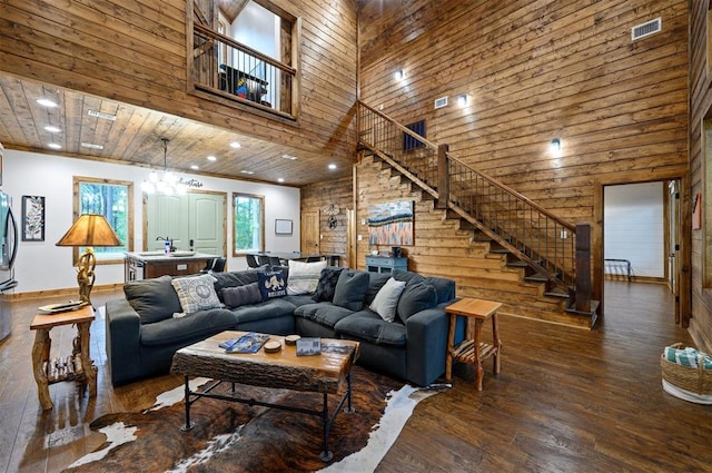 living room featuring dark hardwood / wood-style flooring, wood ceiling, wooden walls, sink, and high vaulted ceiling