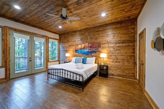 bedroom featuring wood walls, wooden ceiling, and dark hardwood / wood-style floors