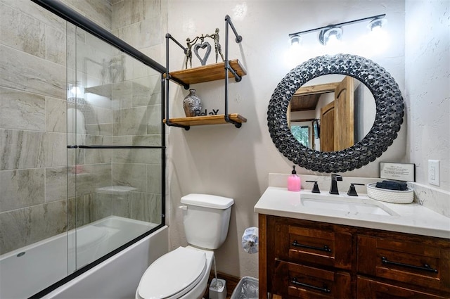 full bathroom with vanity, toilet, and enclosed tub / shower combo