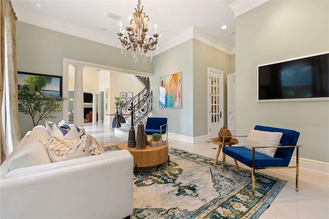 tiled living room with ornate columns, crown molding, and an inviting chandelier