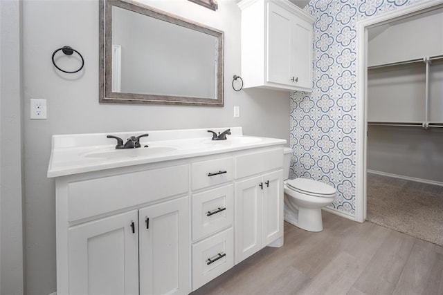 bathroom featuring vanity, wood-type flooring, and toilet