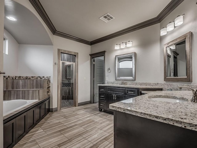 bathroom featuring vanity, shower with separate bathtub, and ornamental molding