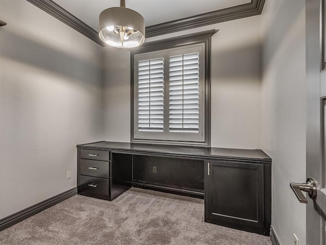 unfurnished office featuring light carpet and ornamental molding