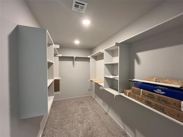 walk in closet with light colored carpet