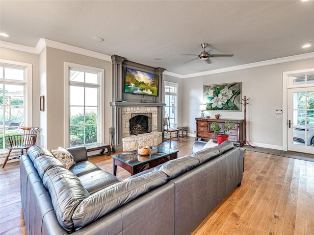 living room with a fireplace, light hardwood / wood-style flooring, a healthy amount of sunlight, and crown molding