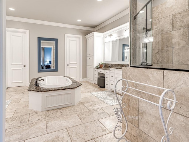 bathroom featuring vanity, crown molding, and shower with separate bathtub