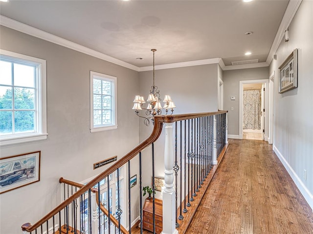 hallway featuring hardwood / wood-style floors, a notable chandelier, and ornamental molding