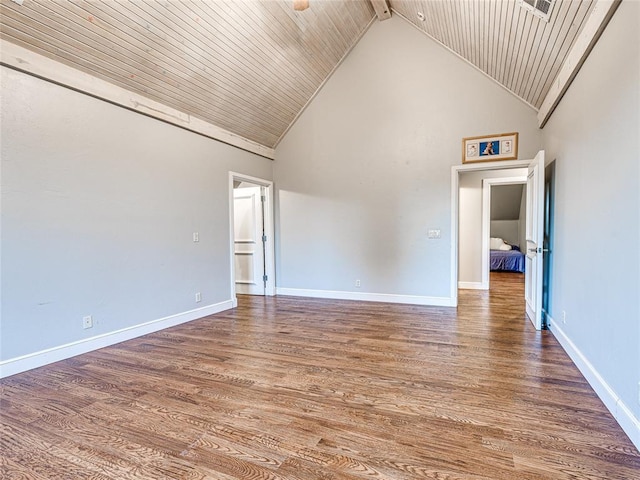 spare room featuring hardwood / wood-style flooring, high vaulted ceiling, and wood ceiling