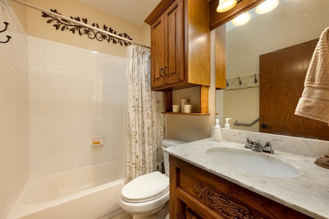 full bathroom featuring vanity, shower / bath combination with curtain, and toilet