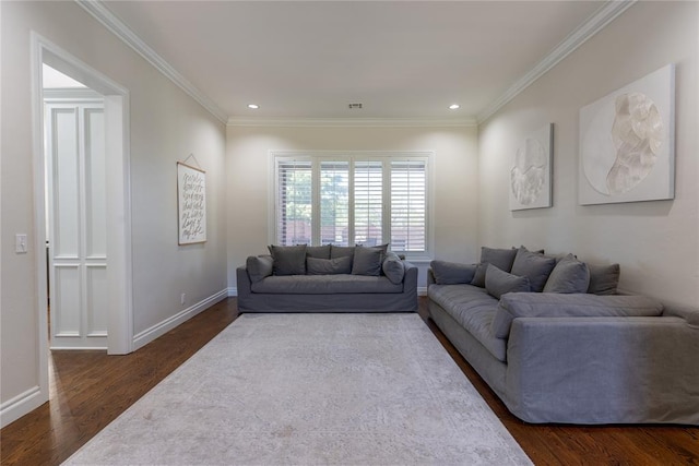 living room with dark hardwood / wood-style floors and ornamental molding