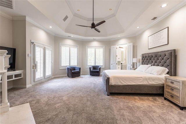 bedroom featuring access to outside, light colored carpet, ceiling fan, and crown molding