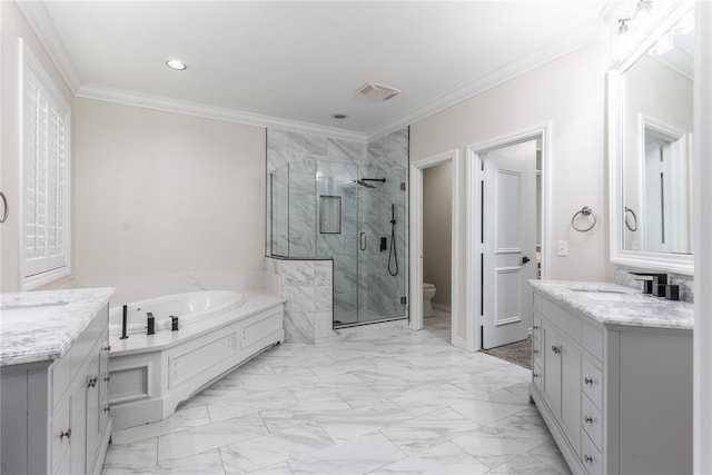 full bathroom with vanity, separate shower and tub, toilet, and crown molding