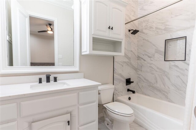 full bathroom with vanity, ceiling fan, toilet, shower / bathtub combination with curtain, and ornamental molding