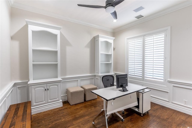 home office featuring ceiling fan, dark hardwood / wood-style flooring, and crown molding