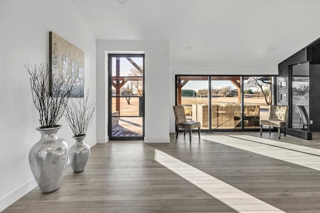 interior space with dark wood-type flooring and vaulted ceiling