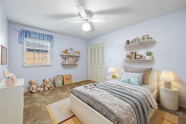 bedroom with carpet, a closet, and ceiling fan