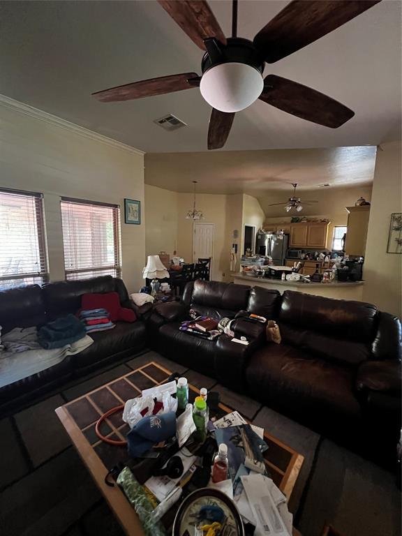 living room with a chandelier