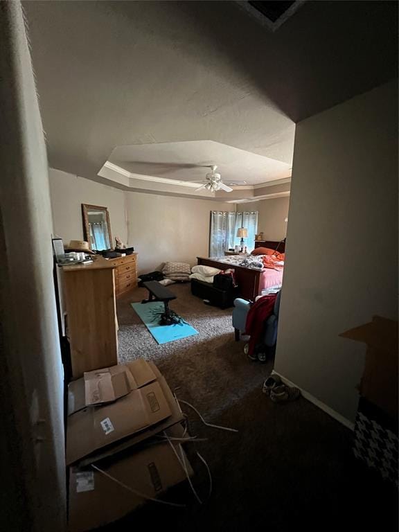 miscellaneous room with ceiling fan, a raised ceiling, and carpet floors